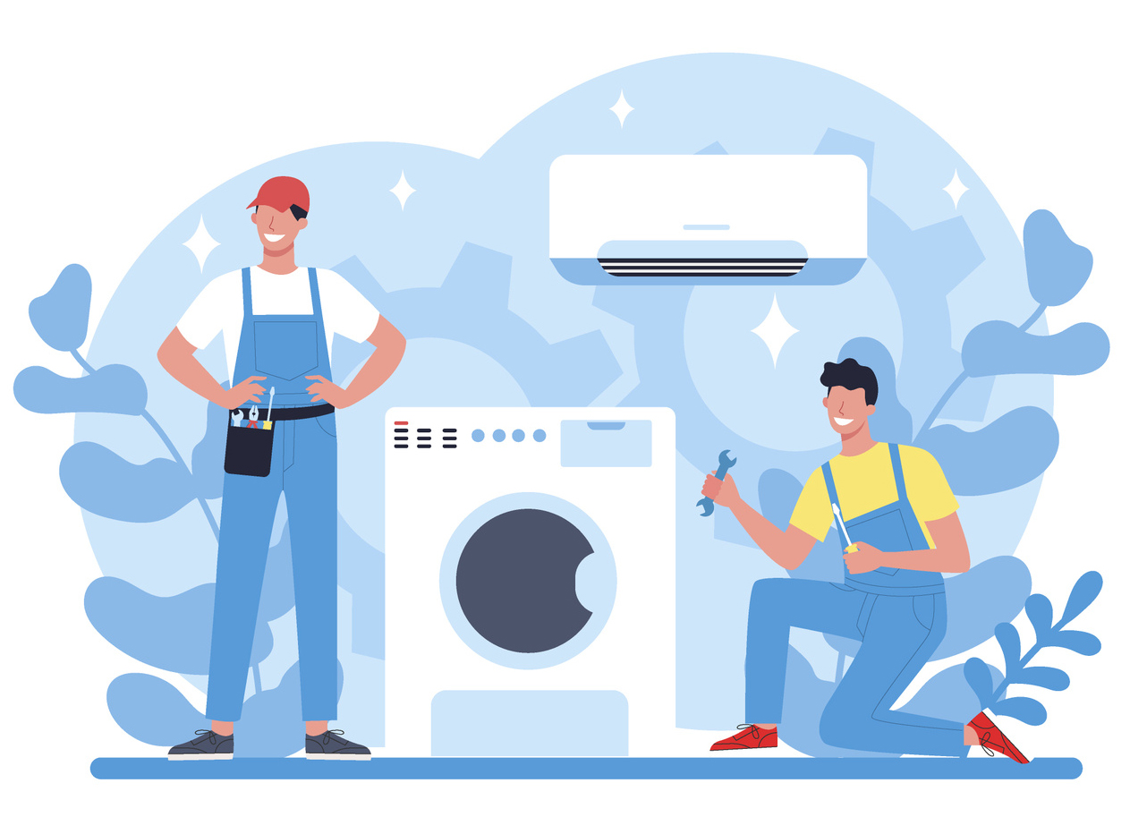 Vector artwork of two men repairing a washing machine