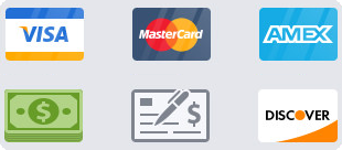 Icons representing accepted forms of payment: Visa, MasterCard, Amex, Discover, cash and check