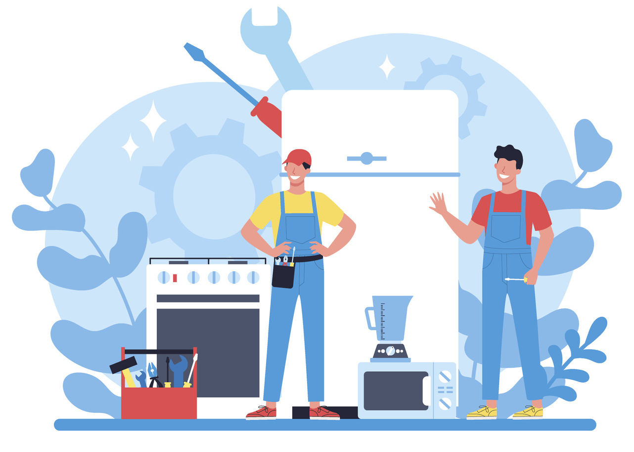Vector artwork of two men repairing some kitchen appliances